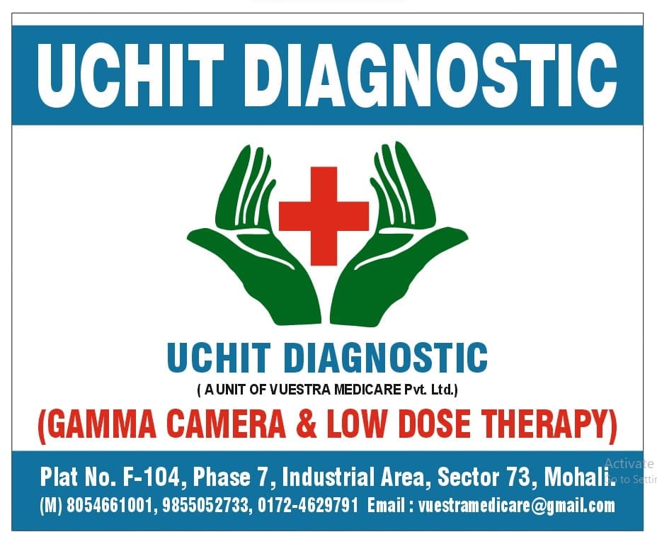 Uchit Diagnostic visiting card with the centre address and contact details